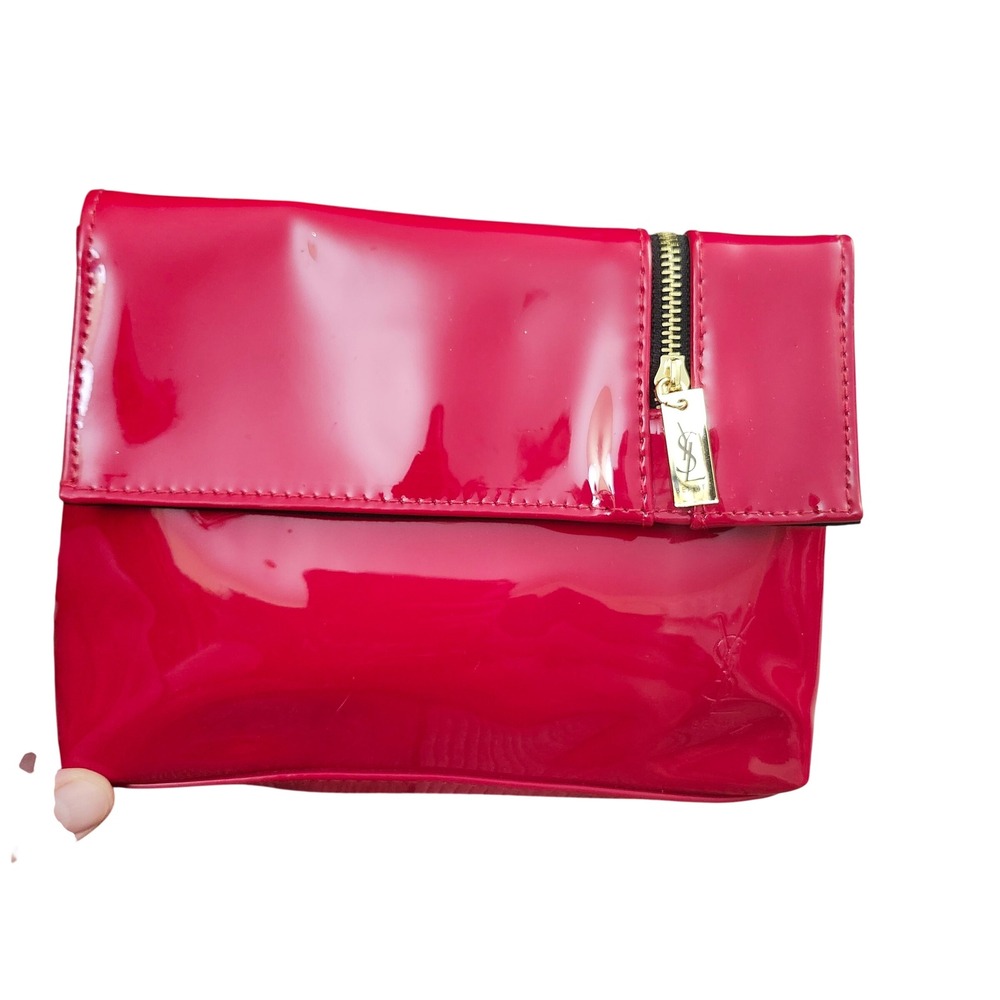 Yves Saint Laurent Beaute Red Patent Makeup Bag Clutch YSL Logo Gold Zipper Y2K